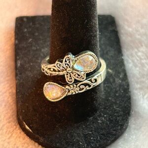 Silver dragonfly adjustable ring with iridescent stones